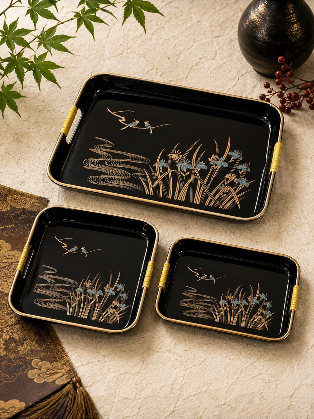 Vintage Toyo Japan 3 Pc Lacquer Tray Set Black Gold Birds Iris Nesting Trays
